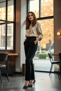 A woman in a tailored black velvet trouser paired with a cream silk blouse and pointed-toe black heels, standi