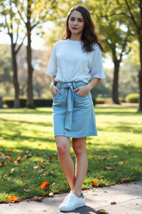 A woman in a light-wash denim skirt, a white oversized t-shirt tied at the waist, and white sneakers, standing