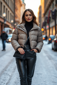 A woman in a cropped taupe puffer jacket, black turtleneck, and high-waisted black leather pants, standing on