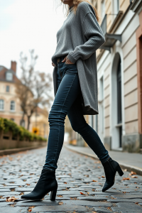 A woman in a black ankle boot, slim-fit jeans, and a longline grey sweater, walking along a cobblestone street
