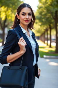 A woman in a tailored navy blazer and white blouse stands in a sunlit city park, wearing a gold watch, delicat