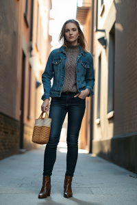A woman in a denim jacket over a chunky knit sweater and dark wash jeans, standing in a sunlit urban alley wit