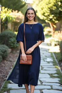A woman in a flowing navy blue midi dress stands on a sunlit stone pathway in a quiet garden, wearing delicate