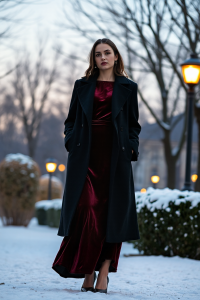 A woman in a deep burgundy velvet midi dress with a tailored black wool coat, standing in a snowy urban park a