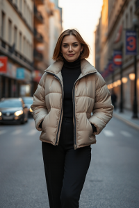 A woman in a cropped beige puffer jacket, black turtleneck, and high-waisted black trousers standing on a city