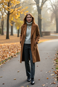 A woman in a long brown wool coat, cream knit sweater, black turtleneck, and dark grey trousers, standing in a