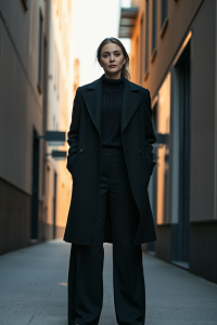 A woman in a tailored black wool coat, black ribbed sweater, and wide-leg black trousers, standing in a modern