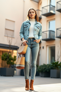 A woman standing in a sunlit urban courtyard wearing a light-wash denim jacket over a cream ribbed knit sweate