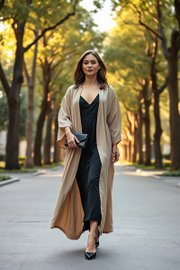 A woman in a flowing oatmeal-coloured kaftan coat over a black slip dress, walking through a sunlit urban park