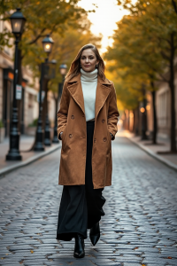 A woman in a camel faux suede coat, white turtleneck, black wide-leg trousers, and black ankle boots, walking
