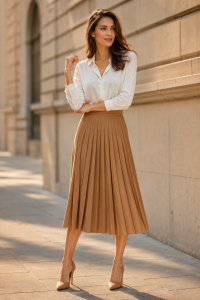 Full-body fashion photograph of a woman wearing a camel pleated midi skirt with a tucked-in white silk blouse