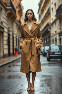 Full-body fashion photo of an elegant woman wearing a tailored knee-length camel wool coat cinched at the wais